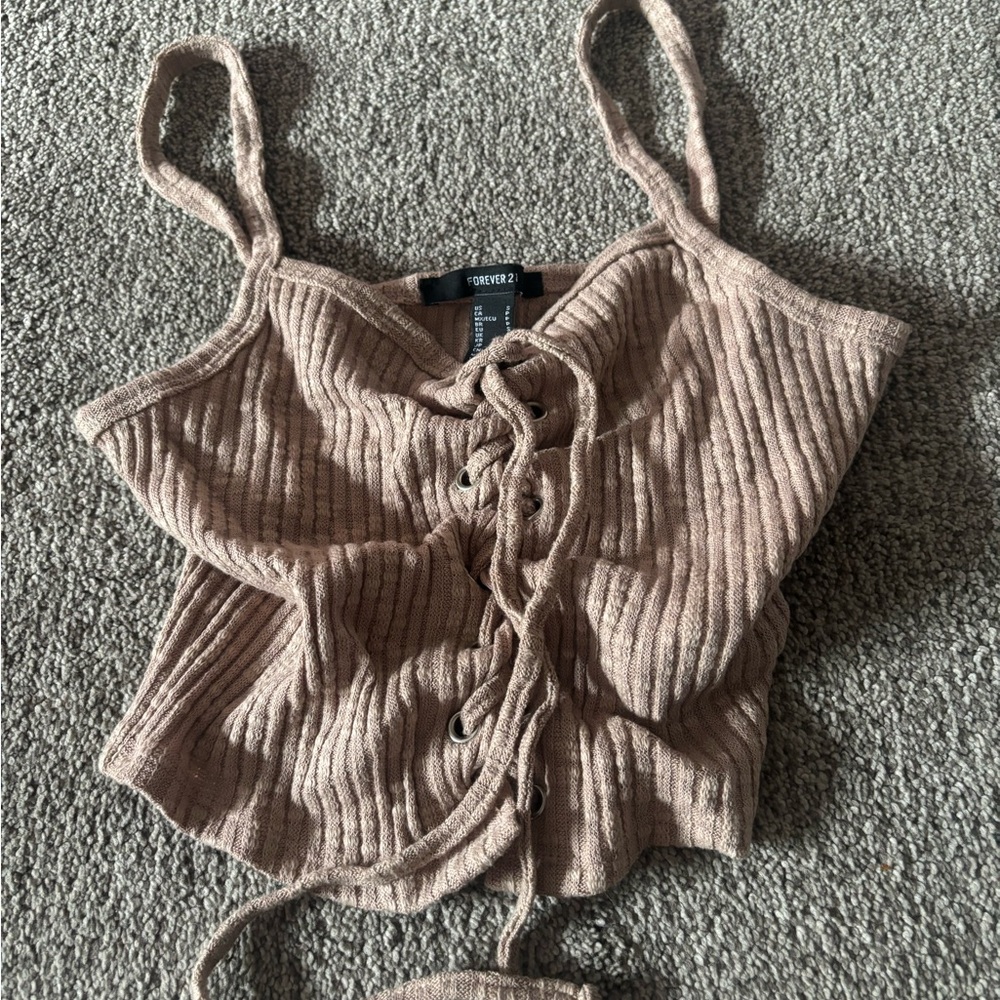 Forever 21 Tan Ribbed Lace-Up Crop Top